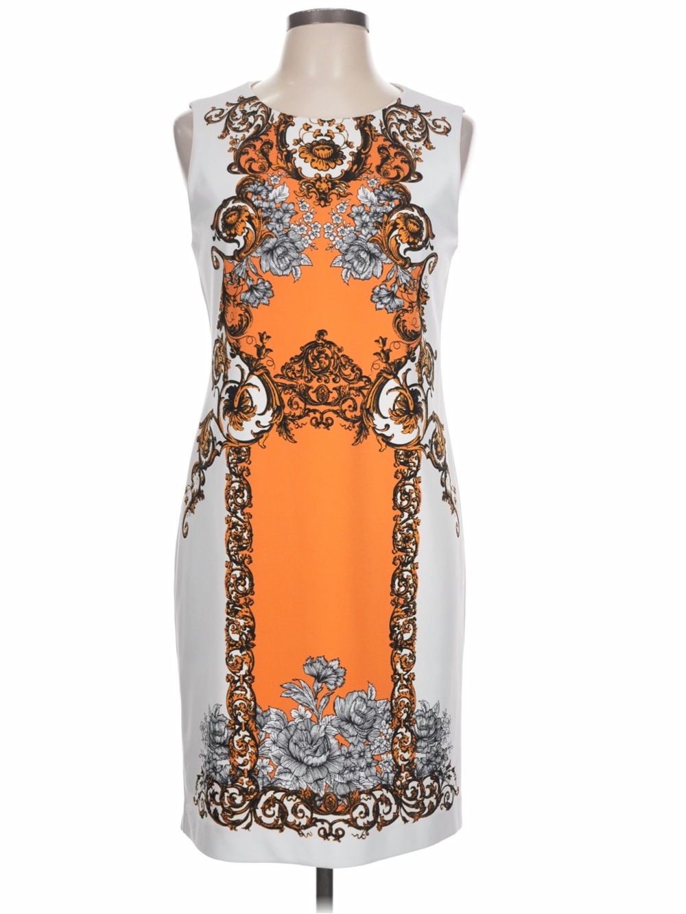 Carmen Sleeveless White & Orange Baroque Print Sheath Dress (sz 8)